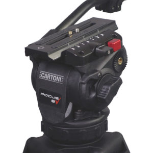 A profile view of a black Cartoni Focus 8 fluid tripod head attached to a tripod base, featuring an adjustable, angled pan bar extending out to the right.