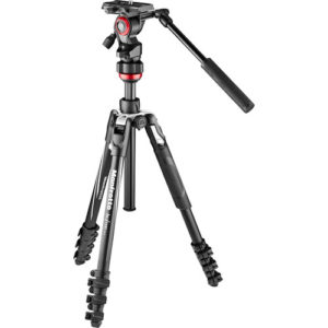 Manfrotto Befree Live travel tripod with an extended center column, three multi-angle aluminum legs, and a fluid video head with a pan bar.