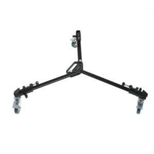 A black GVM heavy-duty universal tripod dolly with three extendable legs, lockable rubber wheels, and adjustable screw clamps to secure tripod feet.