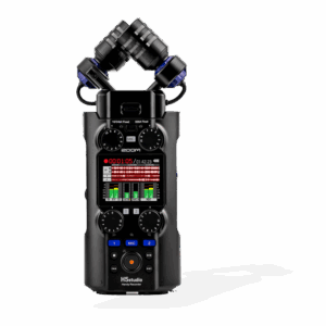 The Zoom H5 handy portable audio recorder shown from a front perspective against a clean white background, highlighting its interchangeable X/Y microphone capsule at the top, a backlit monochrome LCD status screen, physical analog gain dials with a protective roll bar, and illuminated channel record buttons.
