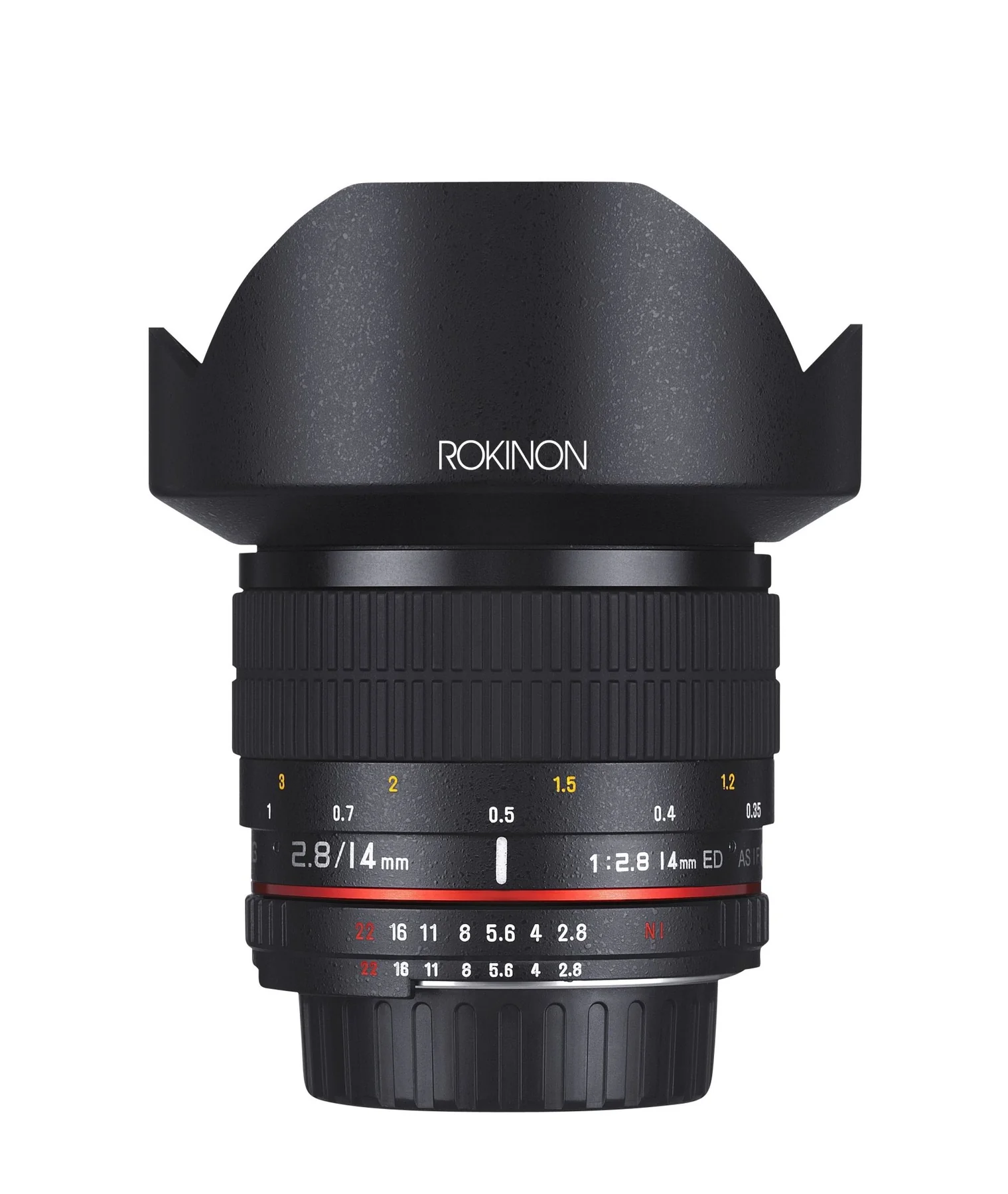 Front perspective view of the Rokinon 14mm f/2.8 ultra-wide-angle prime lens for Canon EF mount, showing the bulbous front element, integrated petal-shaped lens hood, and manual focus and aperture rings.
