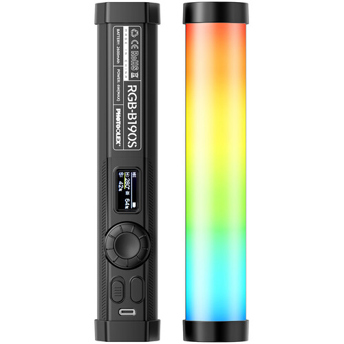 Compact PHOTOOLEX B190S RGB LED light tube resting horizontally on a surface, illuminating a soft glow with its streamlined white diffuser strip along its lightweight aluminum chassis.