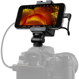 Accsoon SeeMo iOS HDMI smartphone adapter mounted on top of a camera rig, holding an iPhone that displays a live camera video feed.