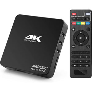 A black compact AGPTEK 4K digital media player shown next to its slim black remote control.