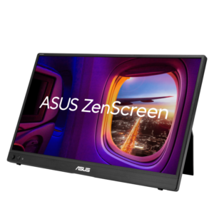 An Asus ZenScreen 15.5-inch portable monitor turned on, displaying bright color bars against a dark background.