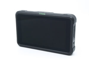 Atomos Shinobi 5-inch portable video monitor with a sleek black chassis, shown turned off.