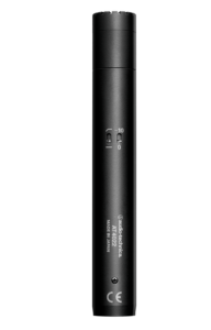 A close-up, angled shot of a black Audio-Technica AT4022 omnidirectional condenser microphone showing its cylindrical metal body, capsule grille, a small physical switch for low-cut or attenuation, and the 3-pin XLR output connection at the bottom.