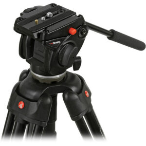A close-up, angled view of a black Manfrotto 701HDV fluid tripod head featuring a long panning bar extending out to the right and a sliding camera mounting plate on top.