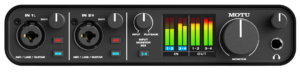 A front panel view of a black MOTU M4 audio interface showing its dual XLR/TRS combo inputs with gain knobs, 48V phantom power buttons, monitoring selectors, full-color LCD level meters, large main monitor volume knob, and a headphone jack.