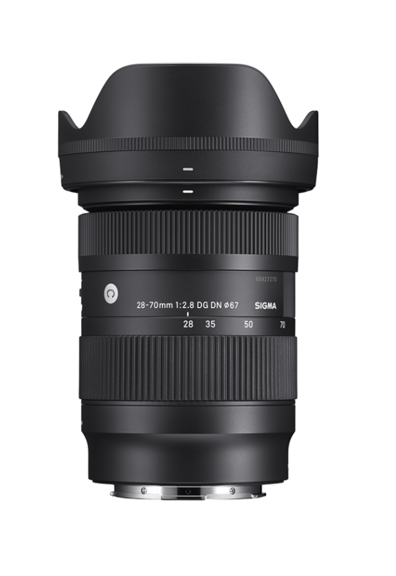 A Sigma 28-70mm Lens upright against a white background.