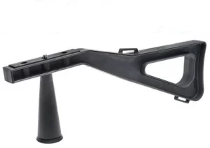 A lightweight black Stedi-Stock shoulder brace stabilization rig designed with a shoulder rest, handle grip, and top platform thumb screw for camera attachment.