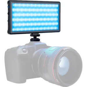 A front-facing view of a square Lume Cube Panel Pro 2.0 RGB LED light panel with its diffusion screen illuminated in a bright cyan-blue color.