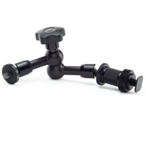 A black 5-inch articulated magic arm camera support accessory with dual ball heads and 1/4 inch mounting screws on both ends, positioned against a plain white background.
