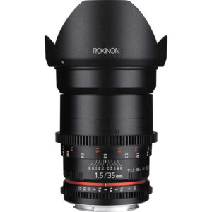 Front view of a Rokinon 35mm T1.5 Cine DS lens for Canon EF mount, featuring its prominent front glass element, red ring accent, and distinct geared focus and aperture rings.