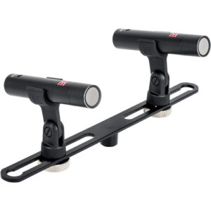 A close-up shot of a matching stereo pair of sE Electronics sE8 omnidirectional condenser microphones mounted horizontally together on a dual-microphone stereo bar.