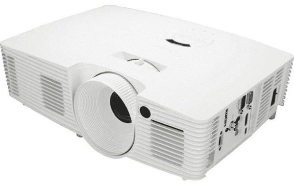 A compact white Optoma EH200ST short-throw video projector, showing its large curved lens on the front