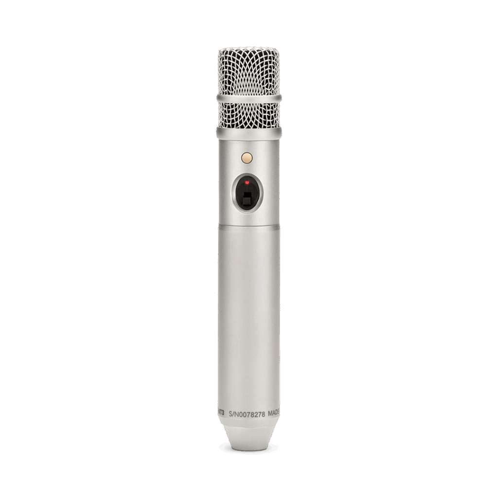 A studio product shot of the silver RØDE NT3 cardioid condenser microphone, shown standing vertically against a solid white background.