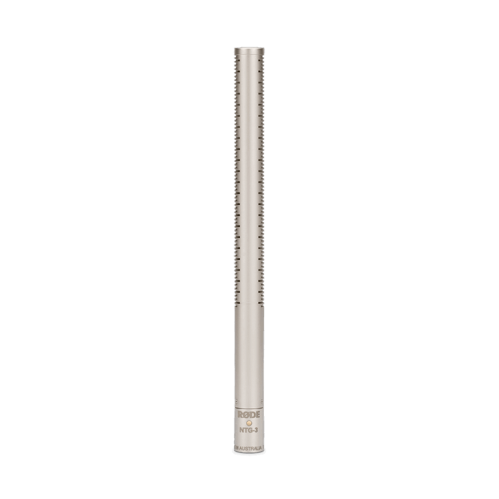 A studio product shot of the sleek, silver moisture-resistant RØDE NTG-3 shotgun microphone, positioned vertically against a clean white background.